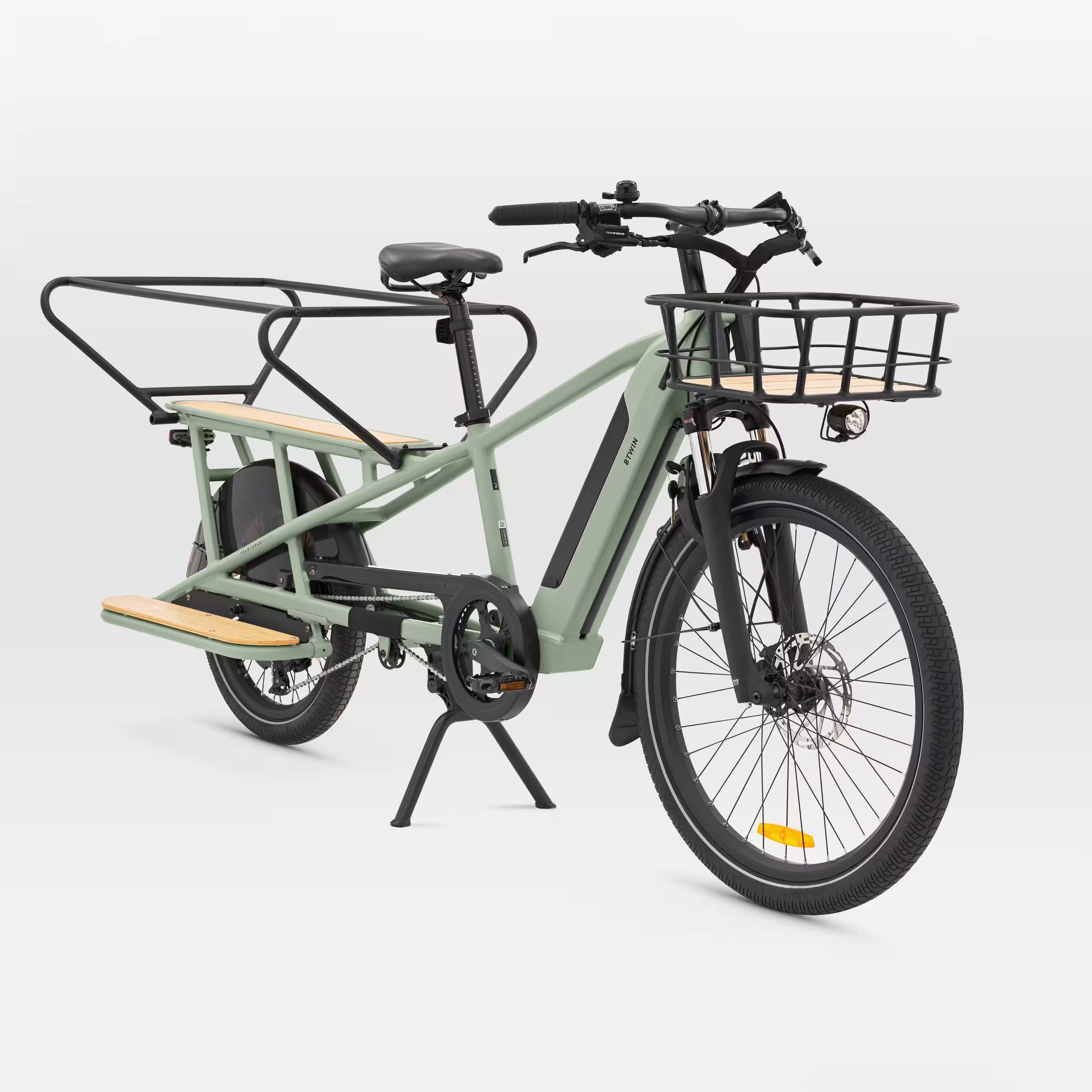 BTWIN R500E – Vélo Cargo Électrique Longtail (Vert Sauge)