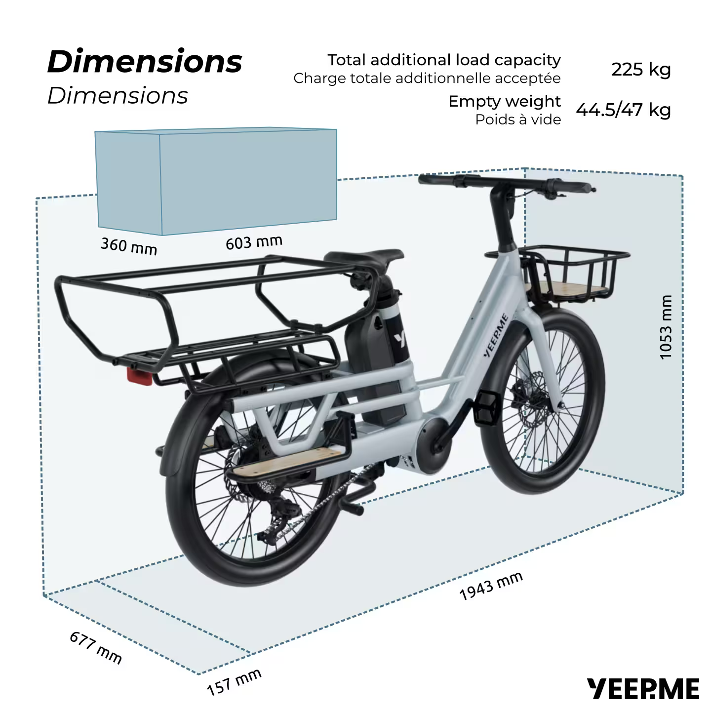 YEEP.ME DAY CARGO – Vélo cargo électrique Longtail (bleu gris)